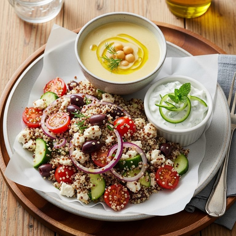 Greek Vegetarian Dinner: Light Quinoa Salad, Lemon Chickpea Soup, and Cucumber Tzatziki