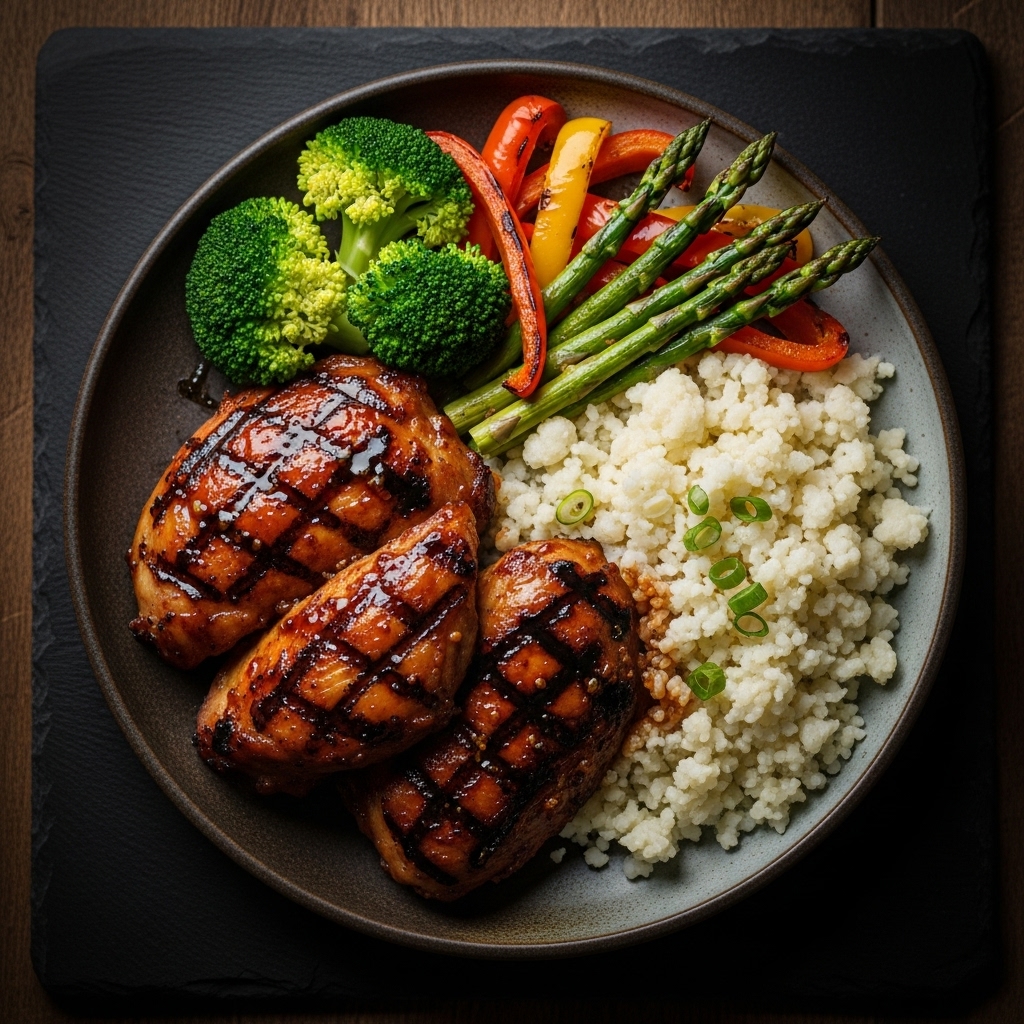 Grilled Chicken Adobo with Cauliflower Rice and Roasted Vegetables: A Paleo Filipino Dinner Feast