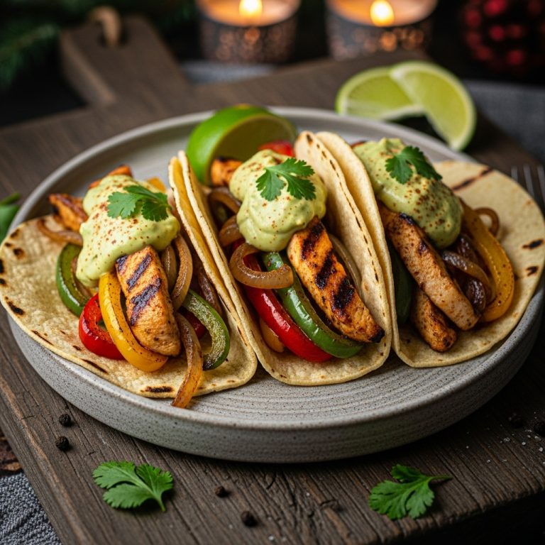 Grilled Chicken Fajita Tacos with Smoky Avocado Crema