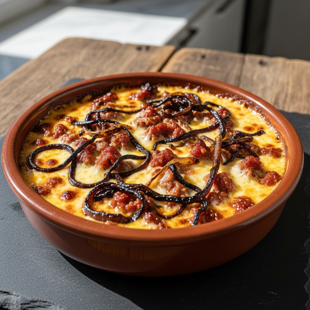 Grilled Chorizo Queso Fundido with Caramelized Onions