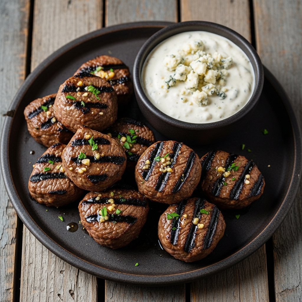 Grilled Garlic Butter Steak Bombs with Creamy Blue Cheese Dip