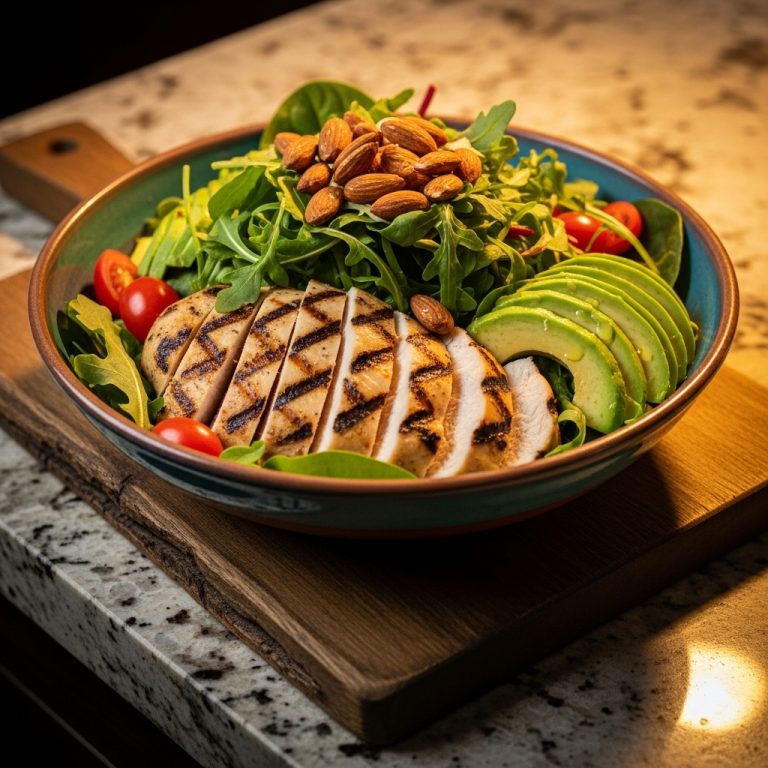 Grilled Lemon Herb Chicken Salad with Avocado and Roasted Almonds
