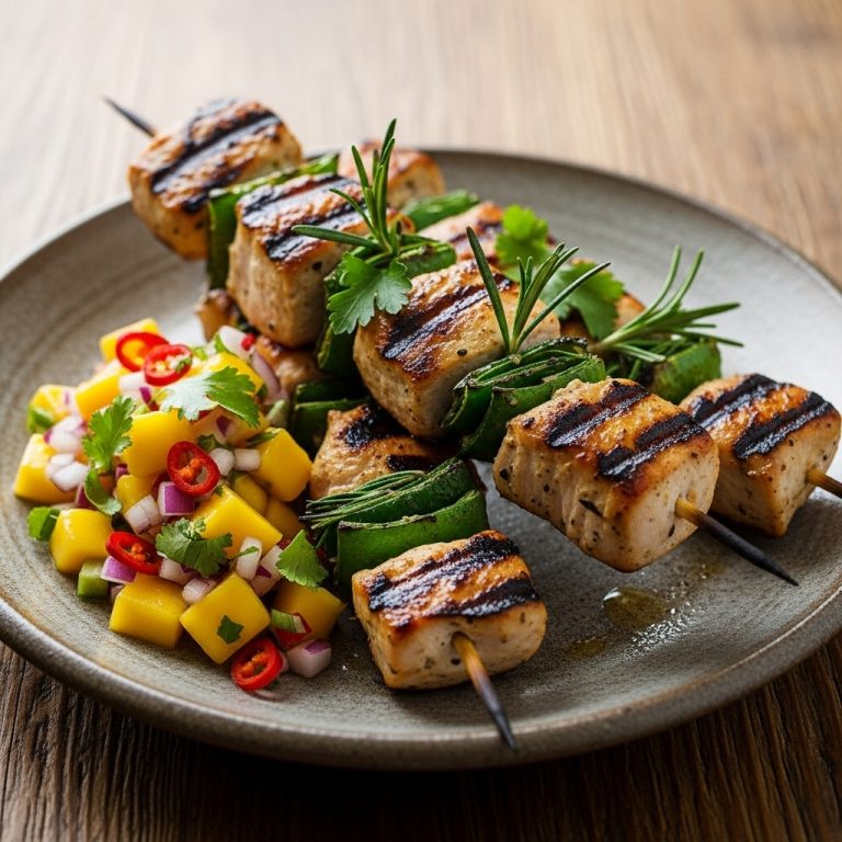 Grilled Lemon Herb Chicken Skewers with Spicy Mango Salsa
