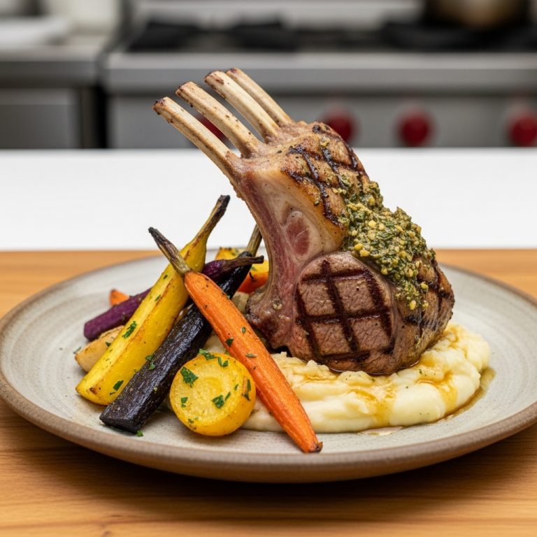 Grilled Lemon Herb Marinated Lamb Rack with Roasted Root Vegetables & Creamy Garlic Mashed Potatoes