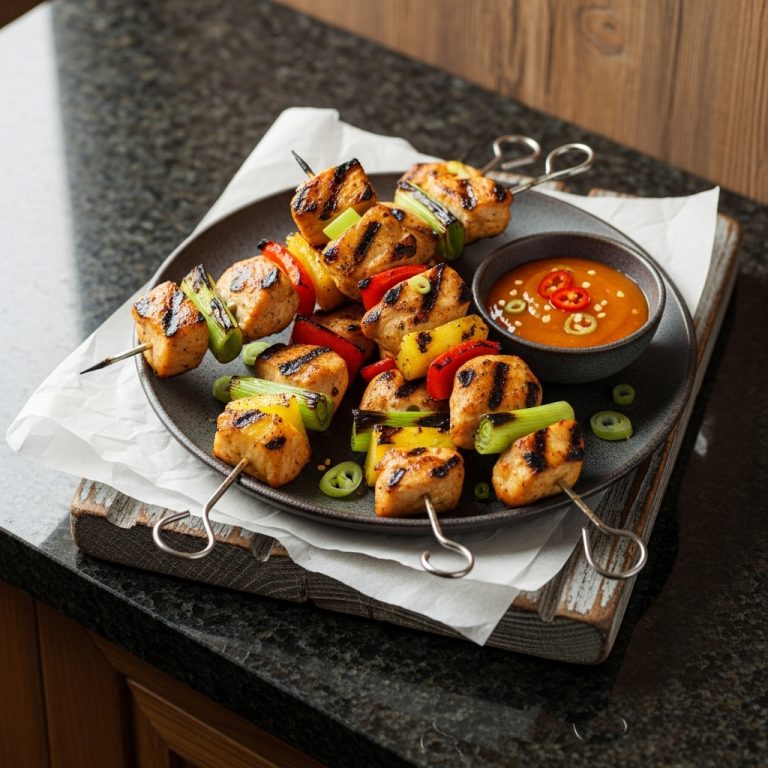 Grilled Pineapple Chicken Skewers with Spicy Mango Dipping Sauce