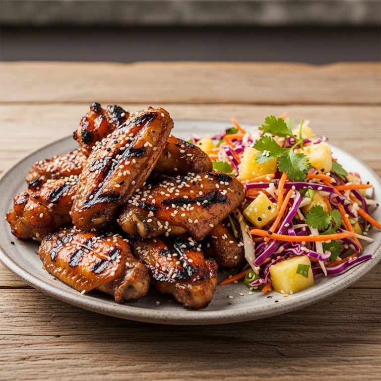 Grilled Teriyaki Chicken Wings with Spicy Pineapple Slaw