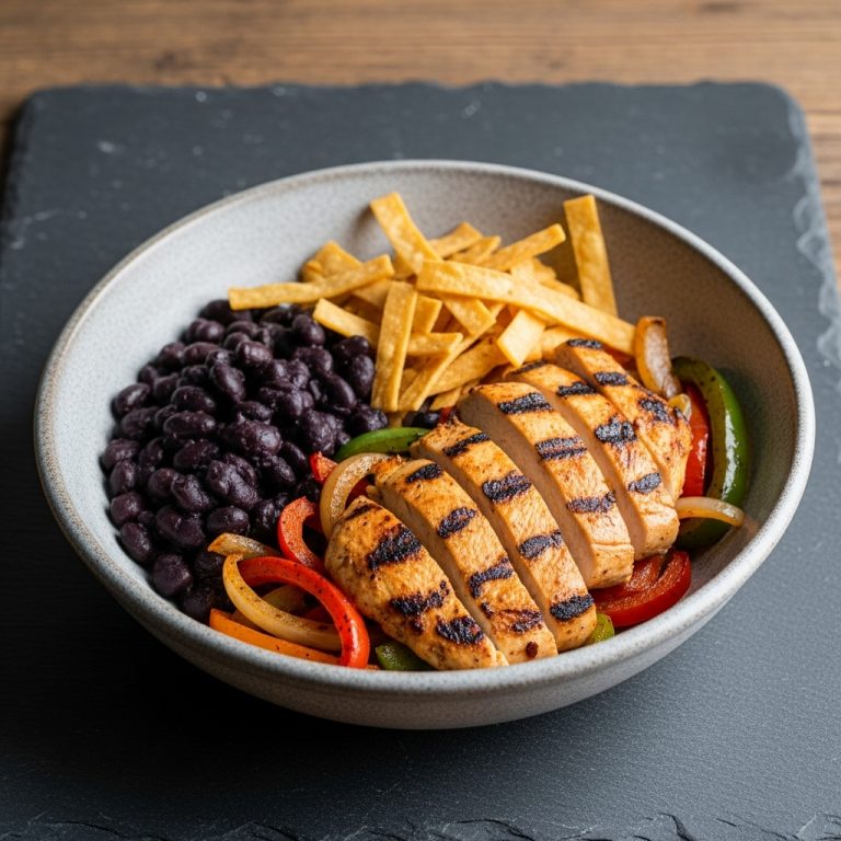 Grilled Tex-Mex Chicken Fajita Bowls with Smoky Black Beans and Crispy Tortilla Strips