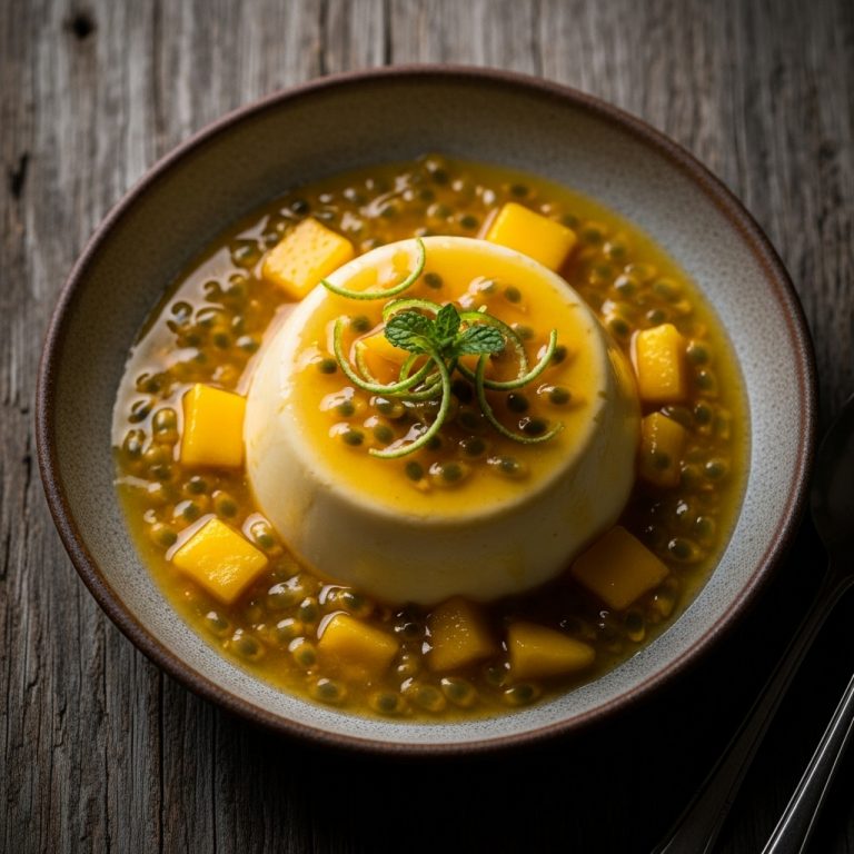 Hawaiian Coconut-Lime Panna Cotta with Mango Passion Fruit Sauce
