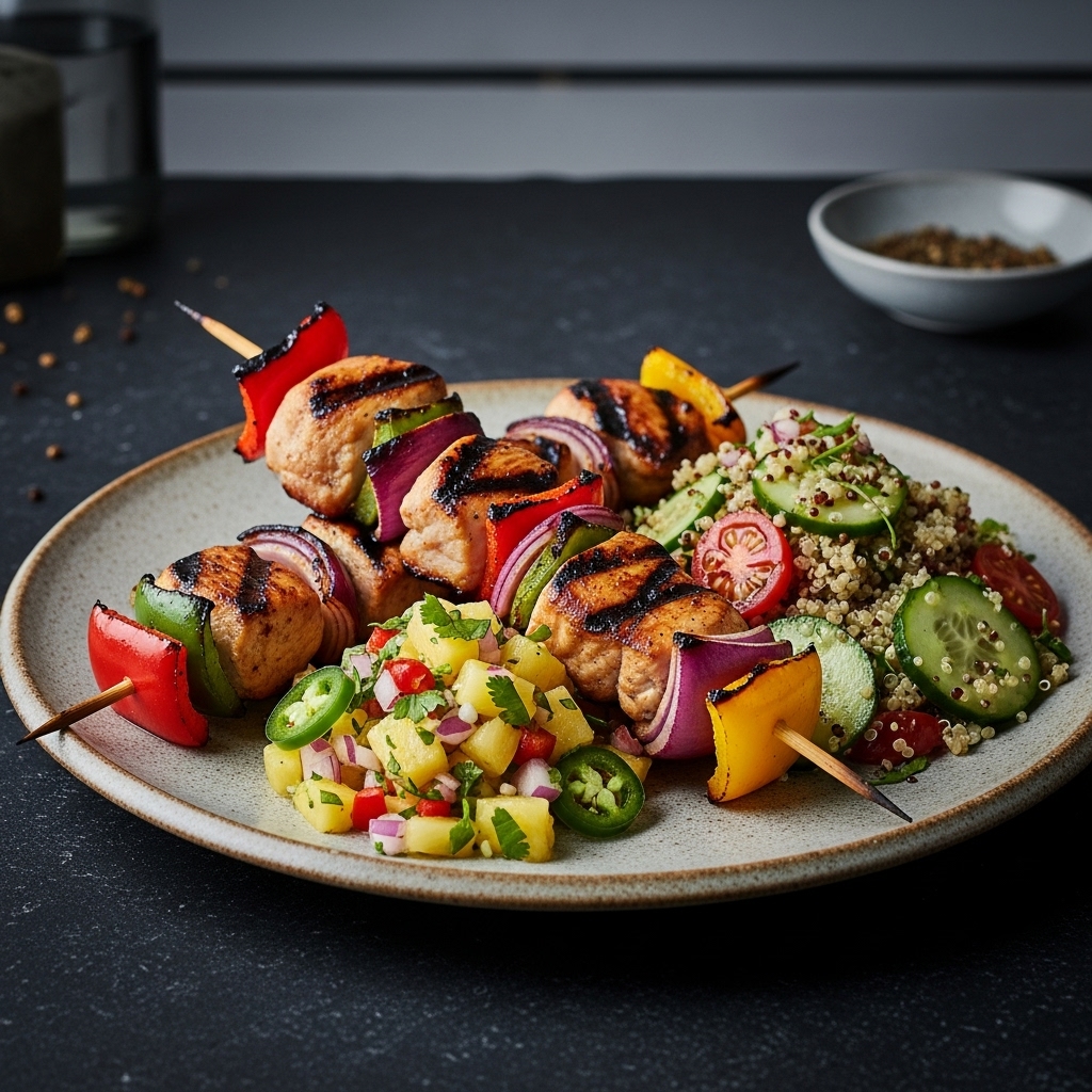 Hawaiian Gluten-Free Lunch Fiesta: Grilled Chicken Skewers with Pineapple Salsa and Quinoa Salad