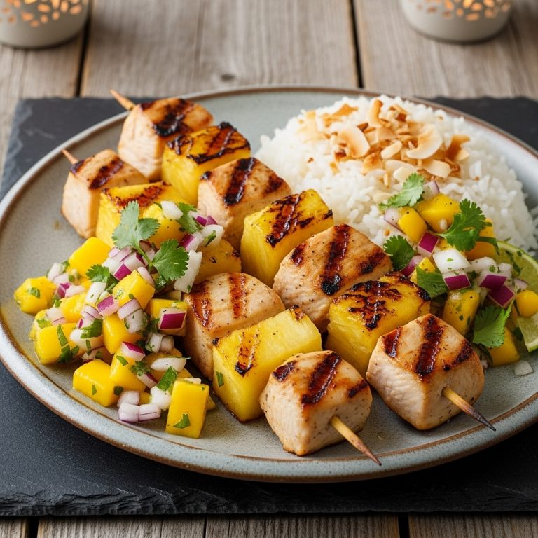Hawaiian Luau Delight: Grilled Pineapple Chicken Skewers with Coconut Rice & Mango Salsa