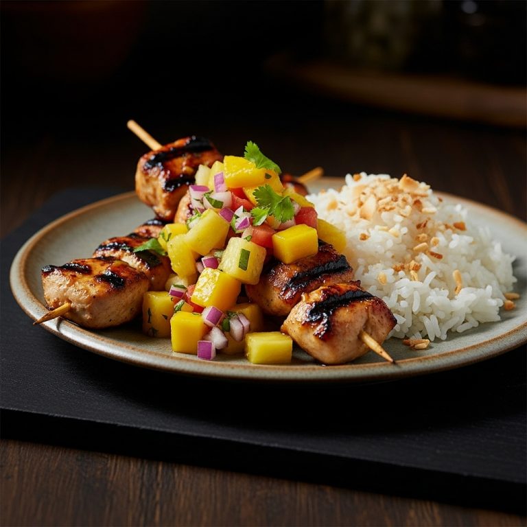 Hawaiian Lunchtime Paradise: Tropical Chicken Skewers with Pineapple-Mango Salsa and Coconut Rice