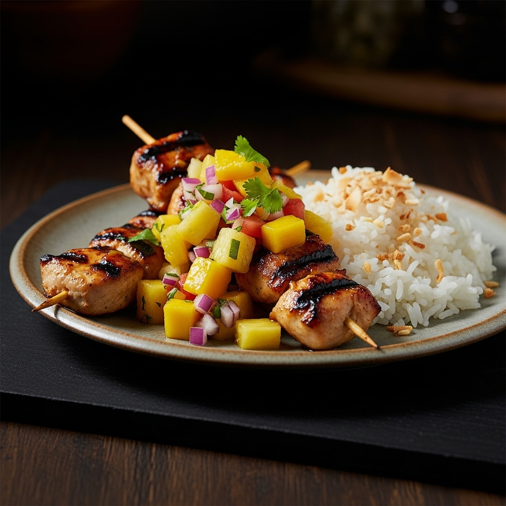 Hawaiian Lunchtime Paradise: Tropical Chicken Skewers with Pineapple-Mango Salsa and Coconut Rice