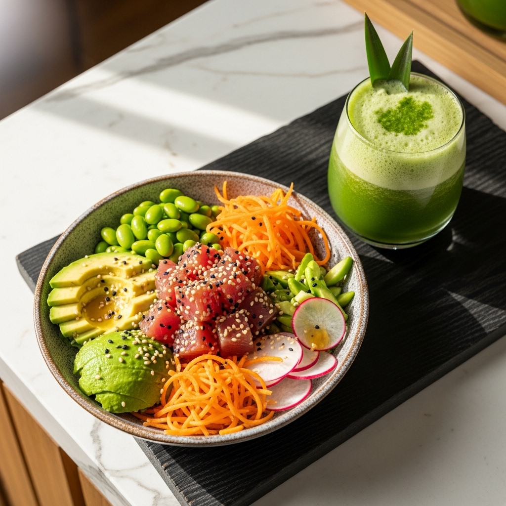 Hawaiian Poke Protein Bowl with Tropical Green Smoothie