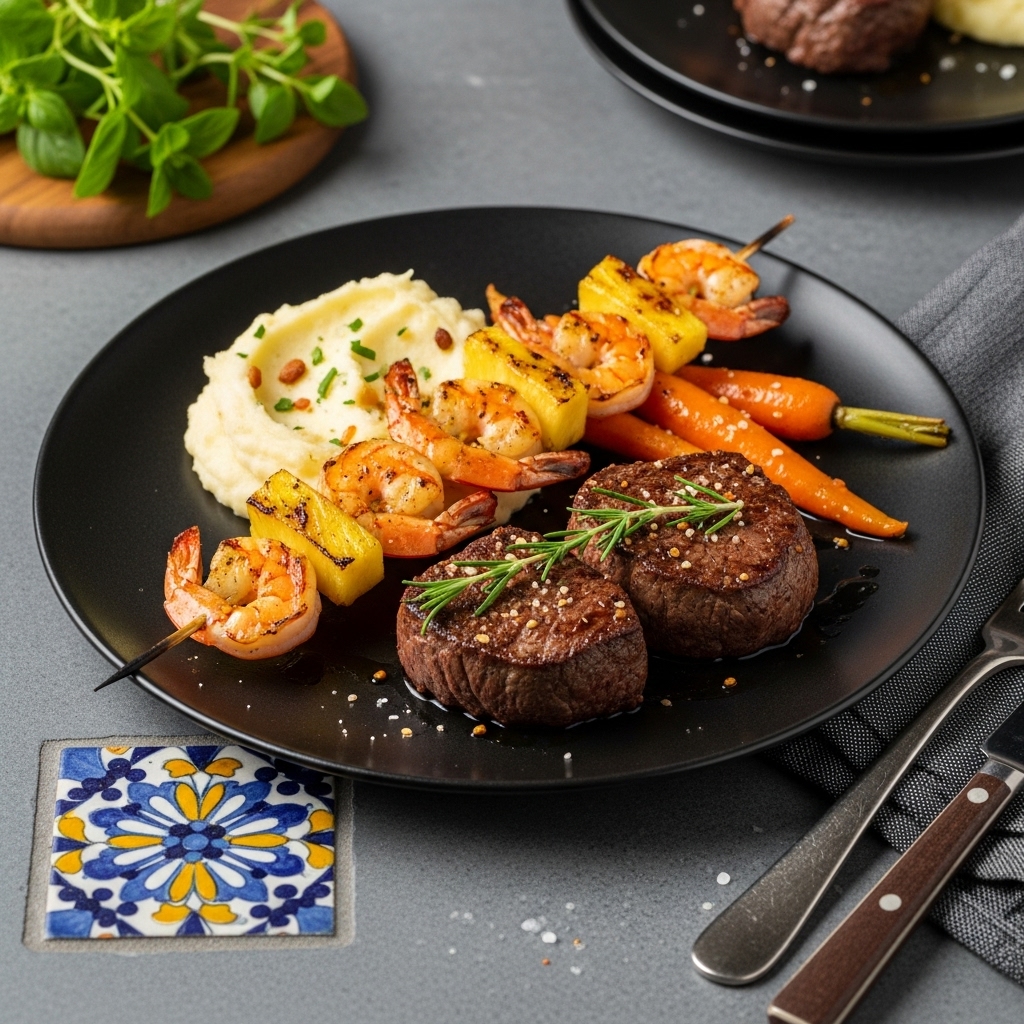 Hawaiian Surf & Turf Feast: Grilled Pineapple Shrimp Skewers & Tenderloin Steak with Garlic Mashed Potatoes & Honey Glazed Carrots