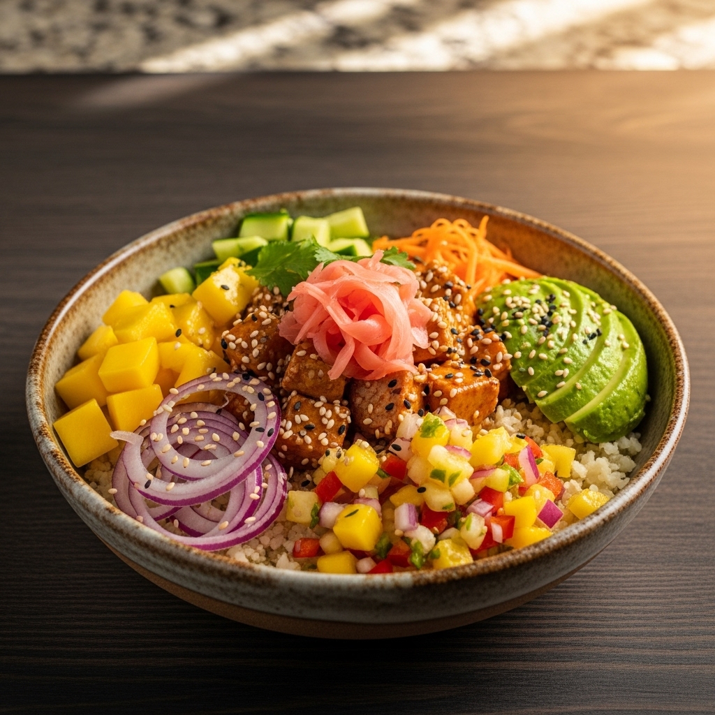 Hawaiian Vegan Poke Bowl with Tropical Salsa & Cauliflower Rice