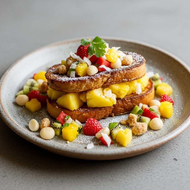 Hawaiian Vegetarian Luau Brunch: Pineapple-Coconut Stuffed French Toast with Tropical Fruit Salsa & Macadamia Nut Crumble