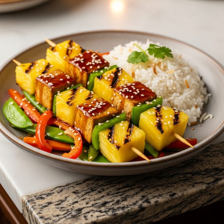 Hawaiian Vegetarian Luau: Grilled Pineapple Teriyaki Tofu Skewers with Coconut Rice & Stir-Fried Vegetables