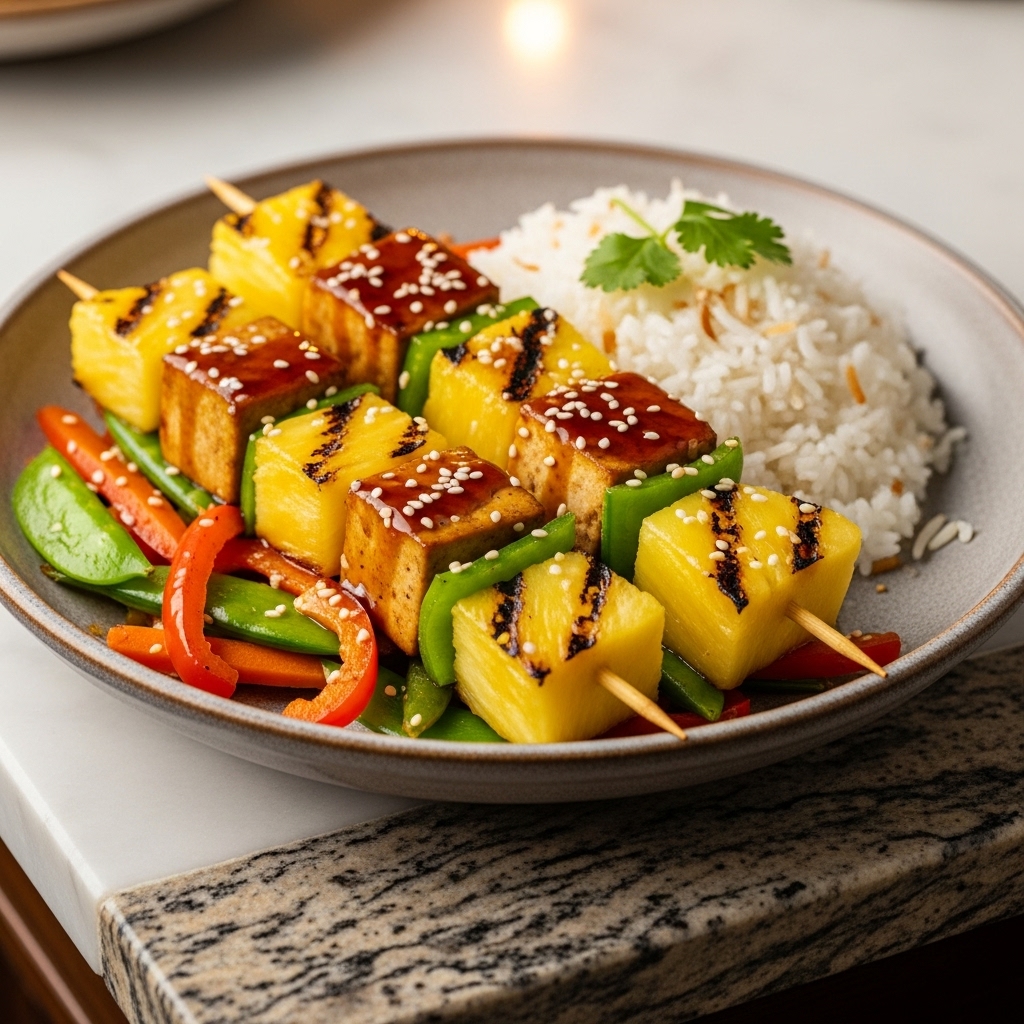 Hawaiian Vegetarian Luau: Grilled Pineapple Teriyaki Tofu Skewers with Coconut Rice & Stir-Fried Vegetables