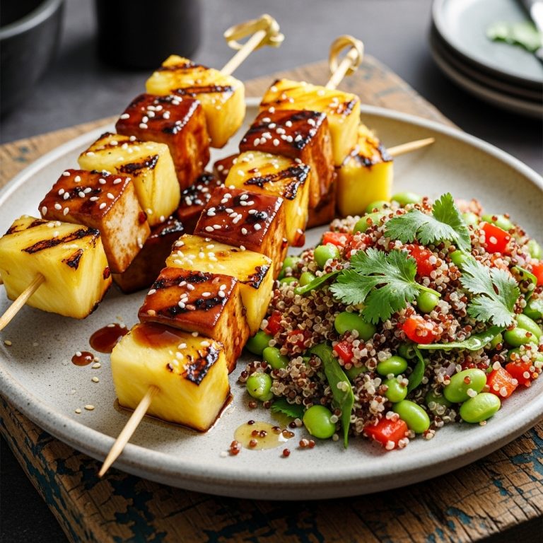 Hawaiian Vegetarian Lunch Delight: Grilled Pineapple Teriyaki Tofu Skewers with Quinoa and Edamame Salad