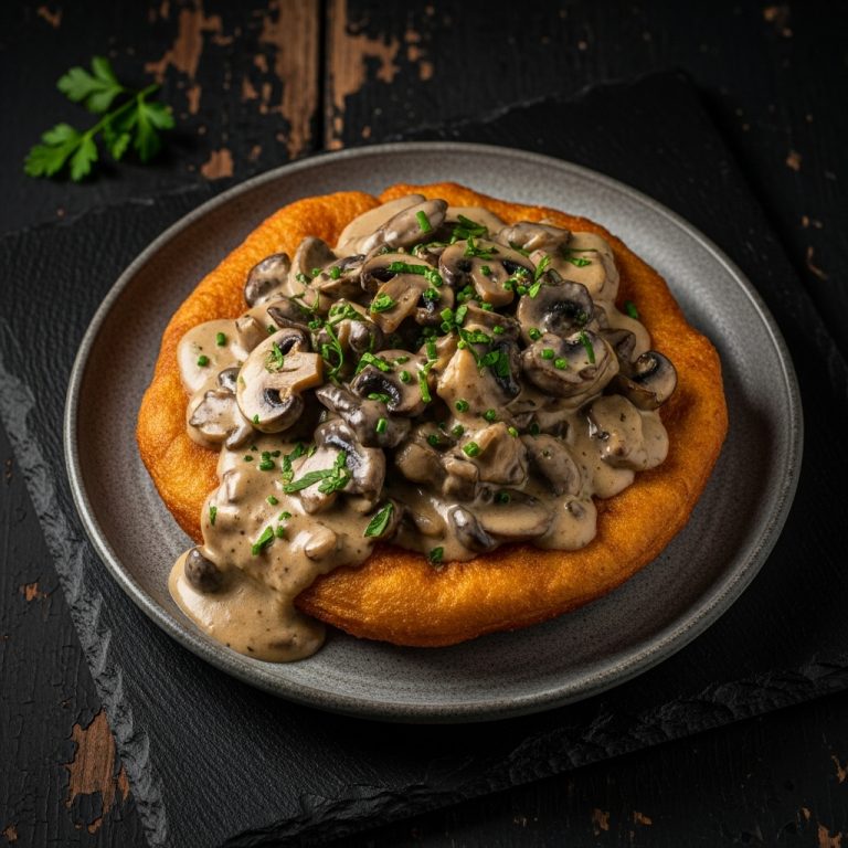 “Heavenly Hungarian Vegan Langos with Creamy Mushroom Gravy”