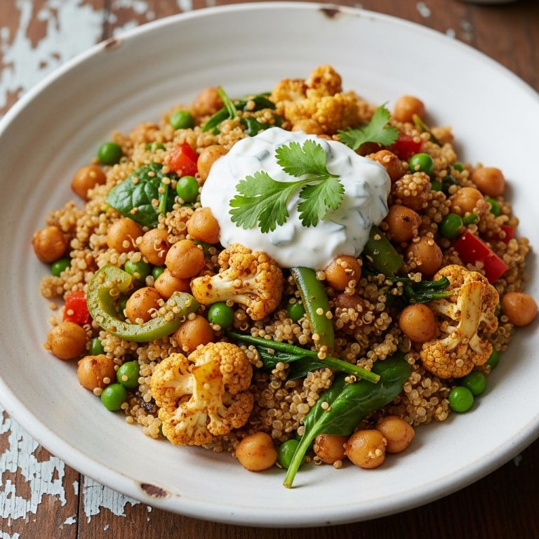 High-Protein Indian Bowl with Quinoa, Chickpeas, and Spiced Vegetables