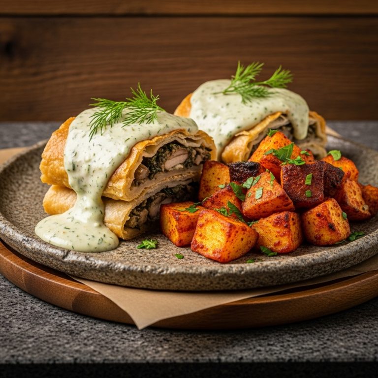 Hungarian Breakfast Feast: Gourmet Layered Strudel with Mushroom Dill Sauce and Traditional Paprika Potatoes