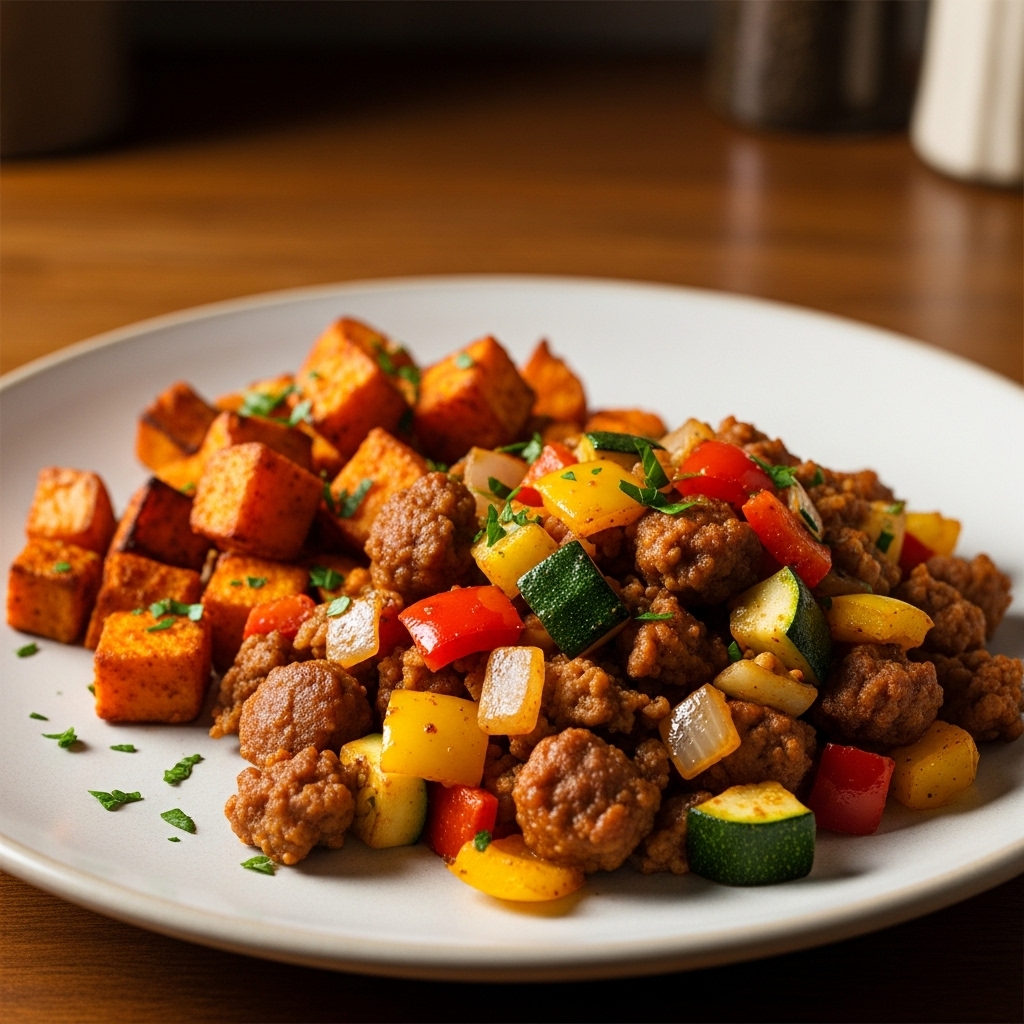 Hungarian Brunch Delight: Paleo-Friendly Gulyasheves Sausage and Vegetable Hash with Paprika Roasted Sweet Potatoes