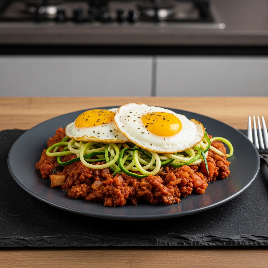 Hungarian Brunch Delight: Paleo Goulash Skillet With Zucchini Noodles and Sunny Side Up Eggs