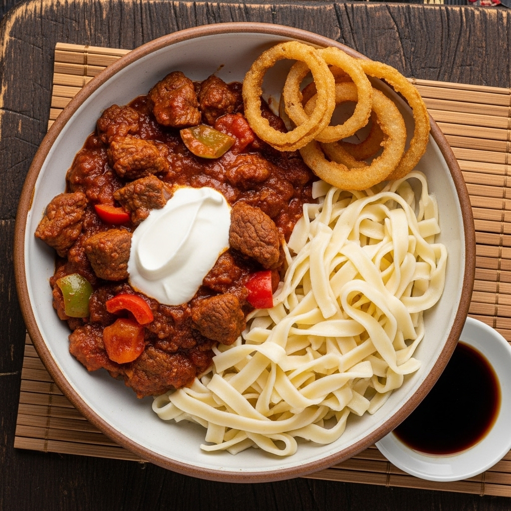 Hungarian-Inspired Beef Goulash with Sour Cream Noodles & Crispy Onion Rings