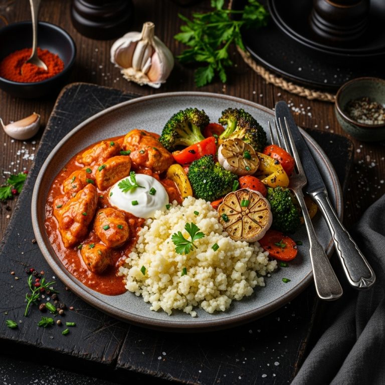 Hungarian Lunch: Paleo Chicken Paprikash with Cauliflower Rice and Garlic Roasted Vegetables
