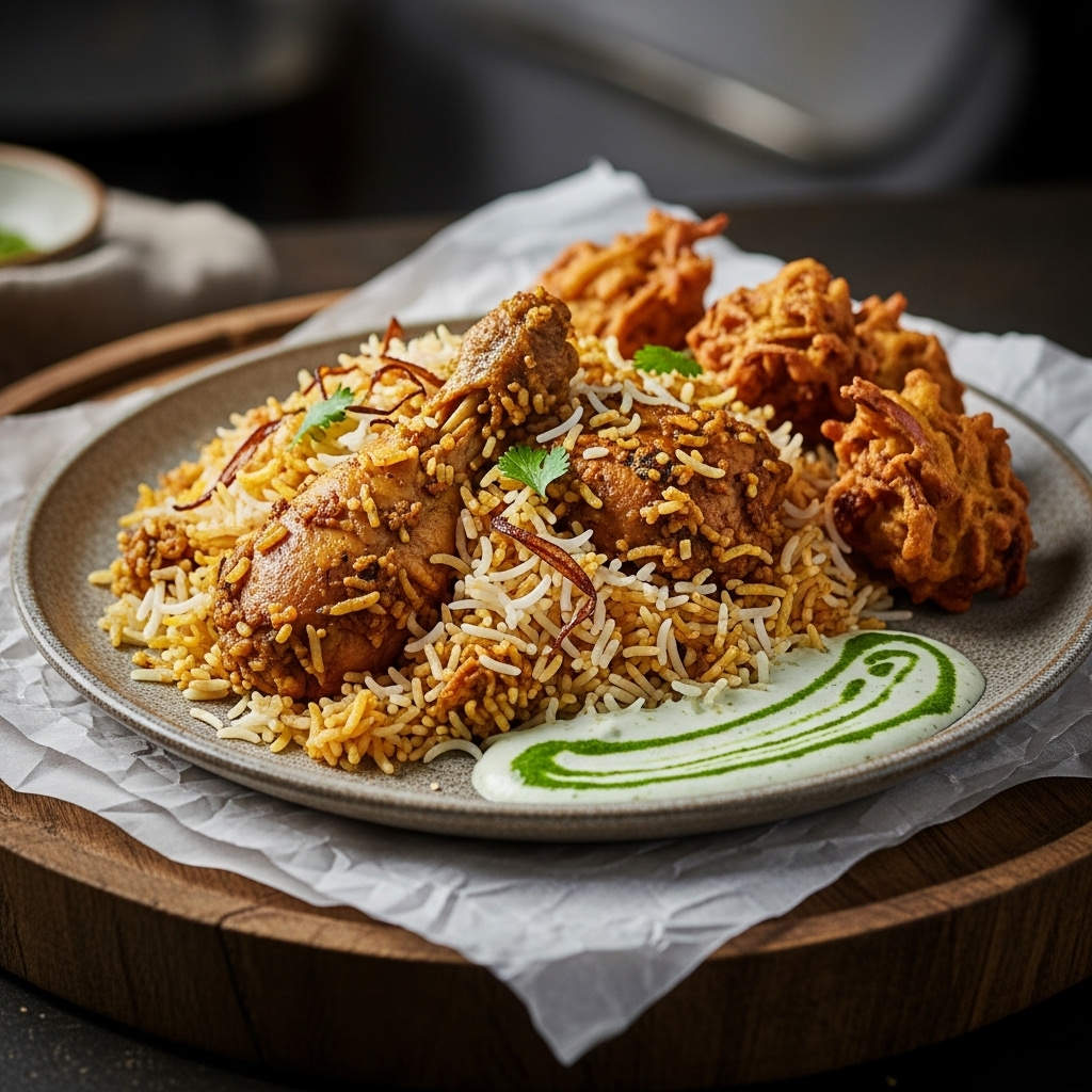 Indian Gluten-Free Chicken Biryani With Mint Raita & Onion Pakoras