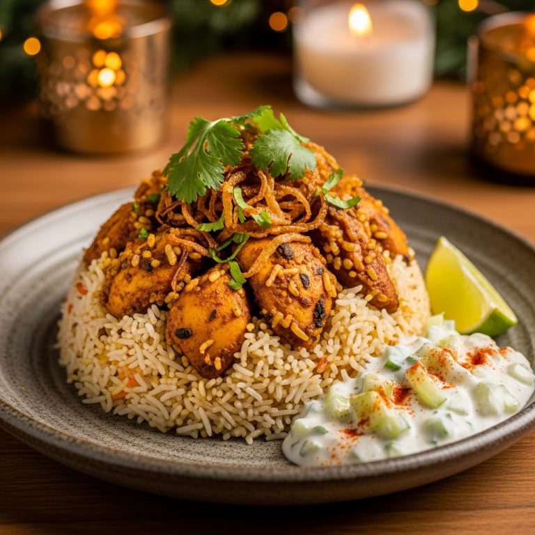 Indian Spiced Gluten-Free Chicken Biryani with Cucumber Raita