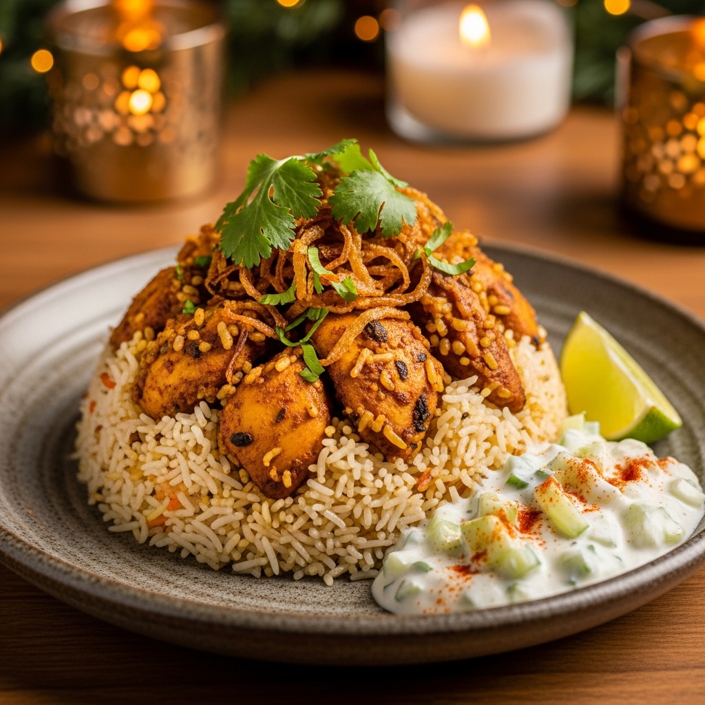 Indian Spiced Gluten-Free Chicken Biryani with Cucumber Raita