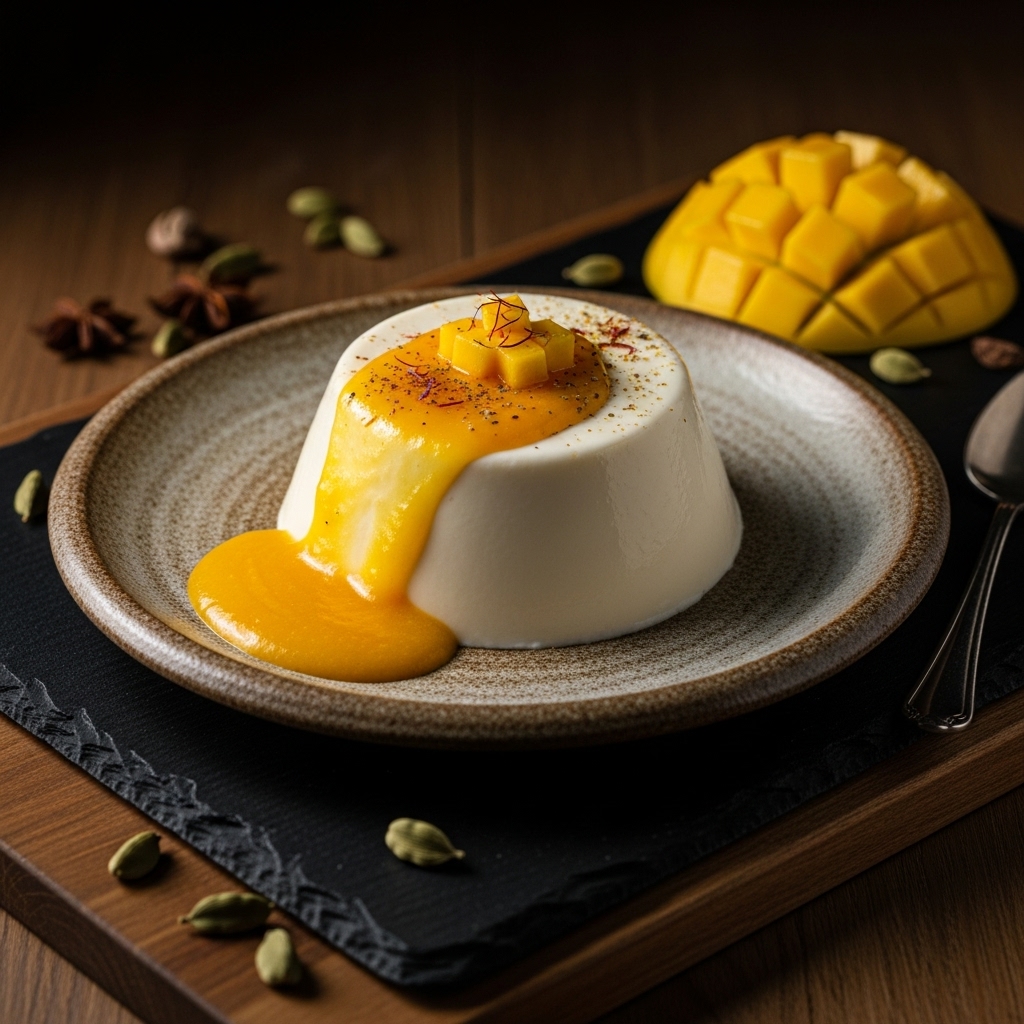 Indian-Spiced Keto Coconut Panna Cotta with Mango Coulis