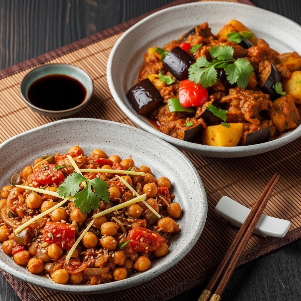 “Indian Vegan Feast: Tempting Chickpea Curry and Spiced Eggplant Stew”