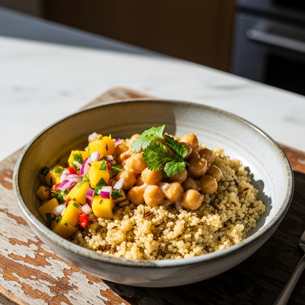 Indian Vegetarian Brunch: Spiced Quinoa Bowl with Coconut Chickpeas and Mango Salsa
