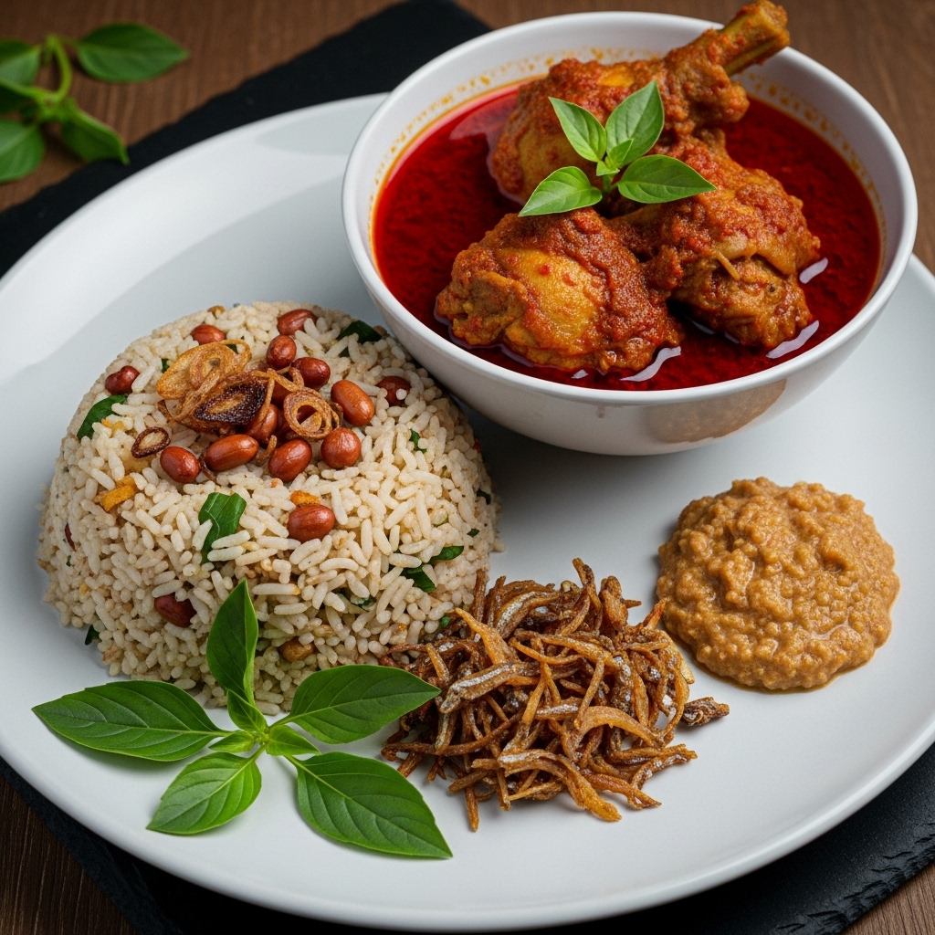 Indonesian Breakfast Feast: Rica-Rica Chicken Stew with Nasi Ulam & Sambal Kemiri