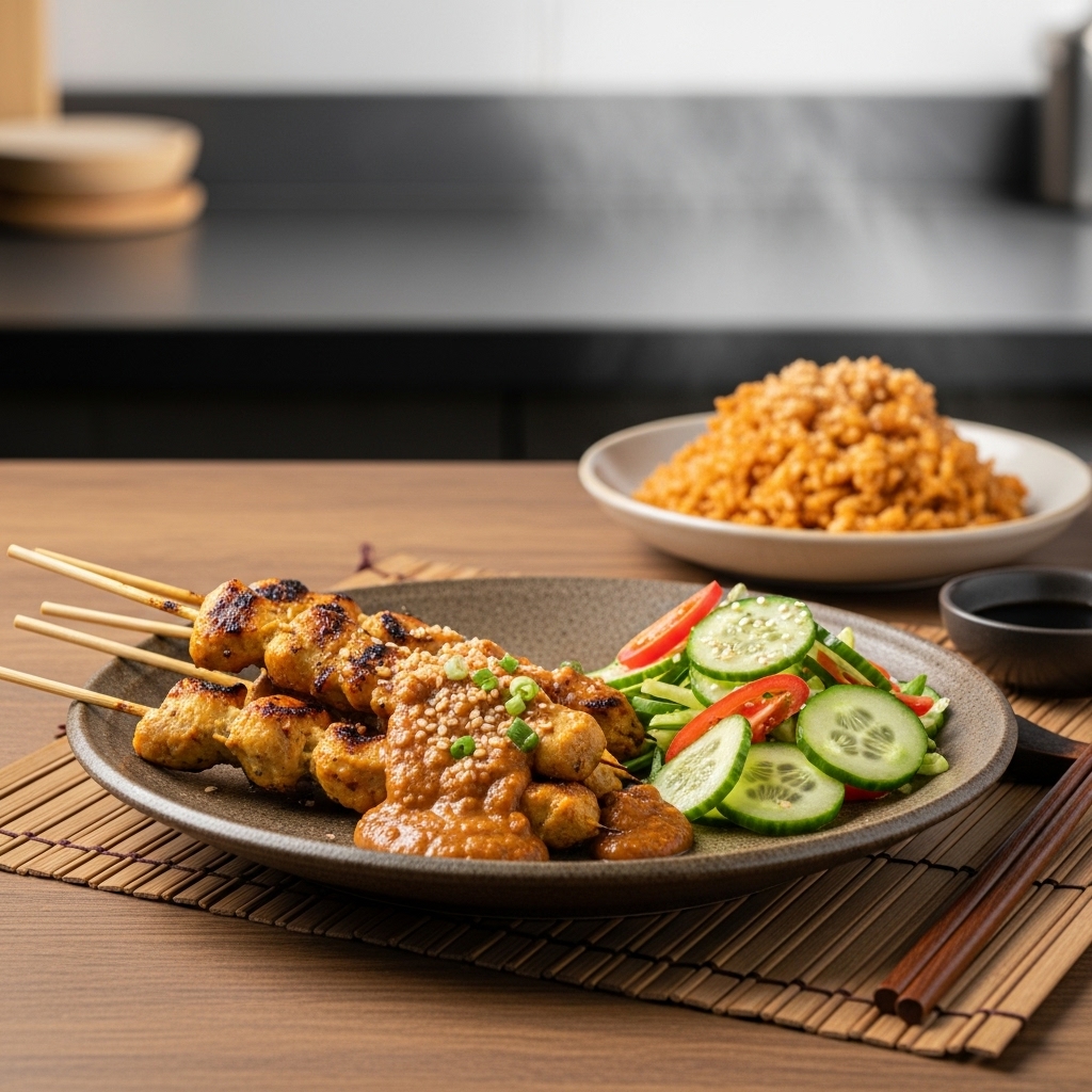 Indonesian Chicken Satay with Peanut Sauce and Cucumber Salad – A Flavorful and Nutritious Lunch Option