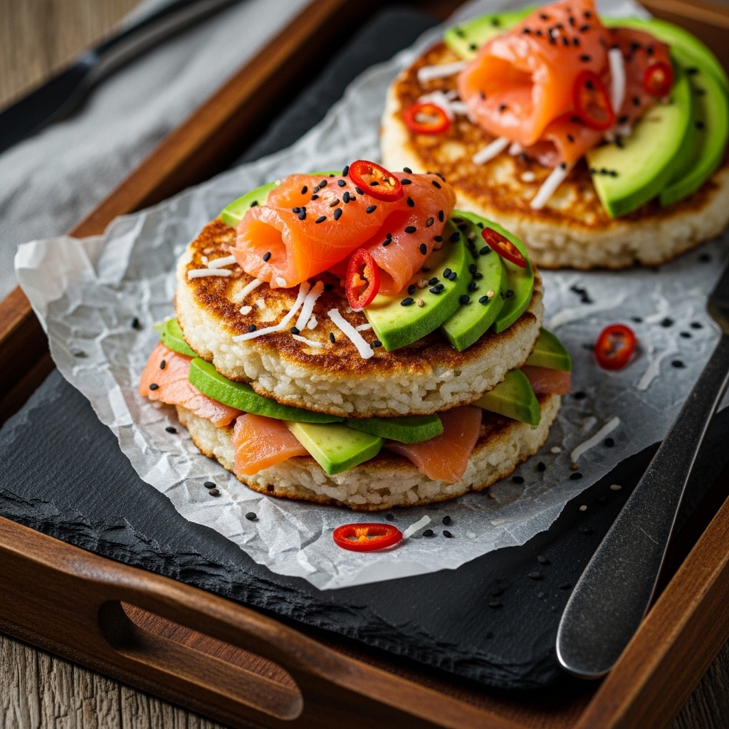 Indonesian Gluten-Free Brunch Delight: Coconut Rice Pancakes with Smoked Salmon and Avocado