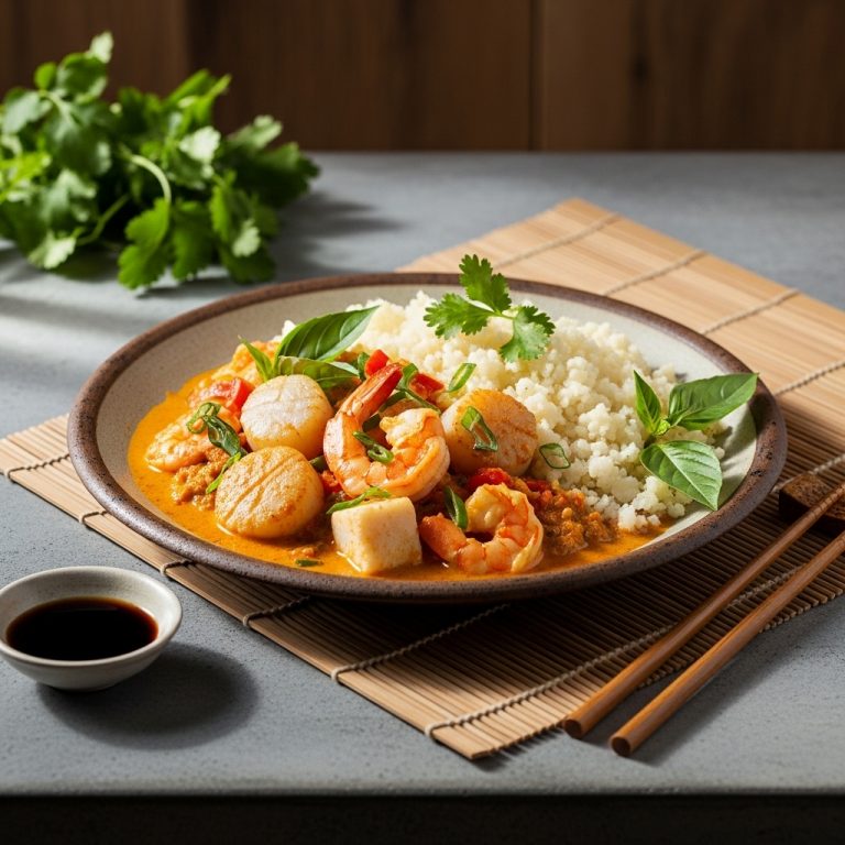 Indonesian Gluten-Free Seafood Curry with Cauliflower Rice and Fresh Herbs