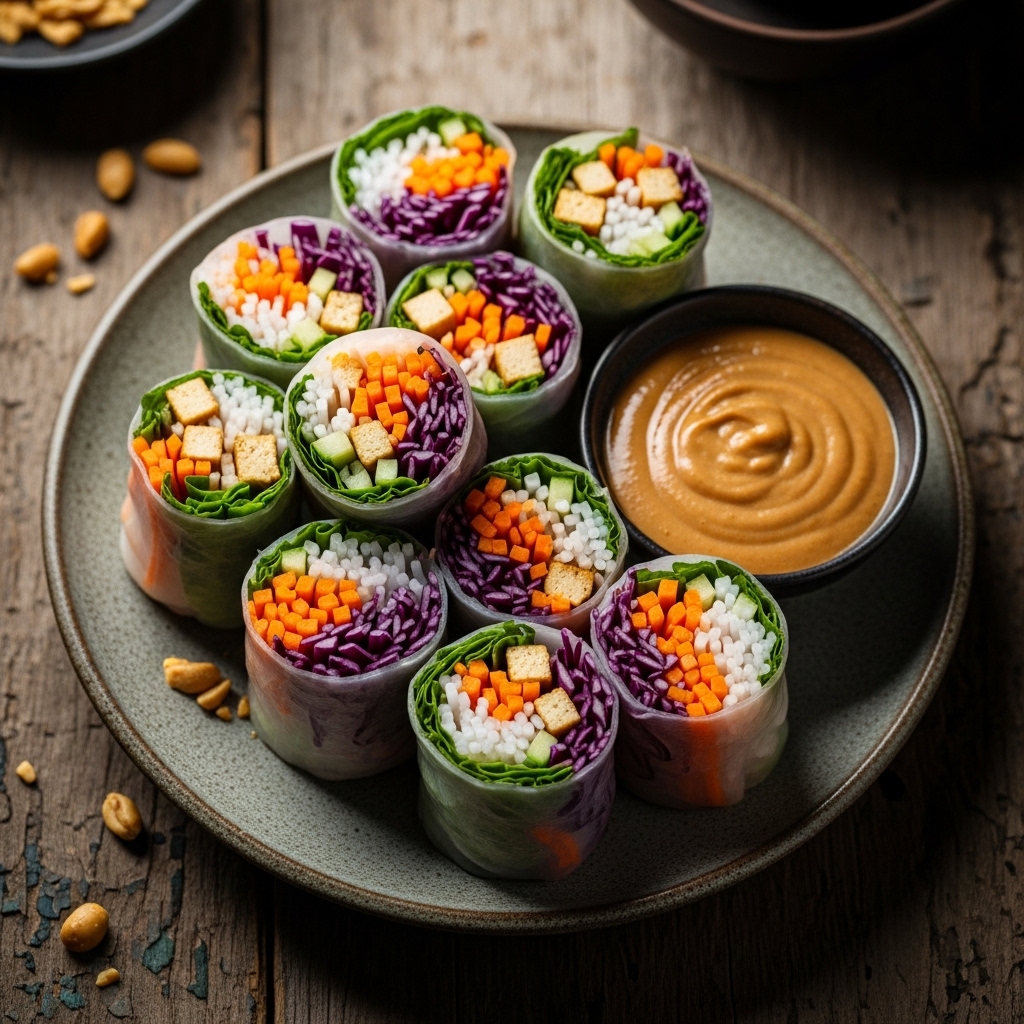 Indonesian-Inspired Vegan Rice Paper Rolls with Peanut Dipping Sauce