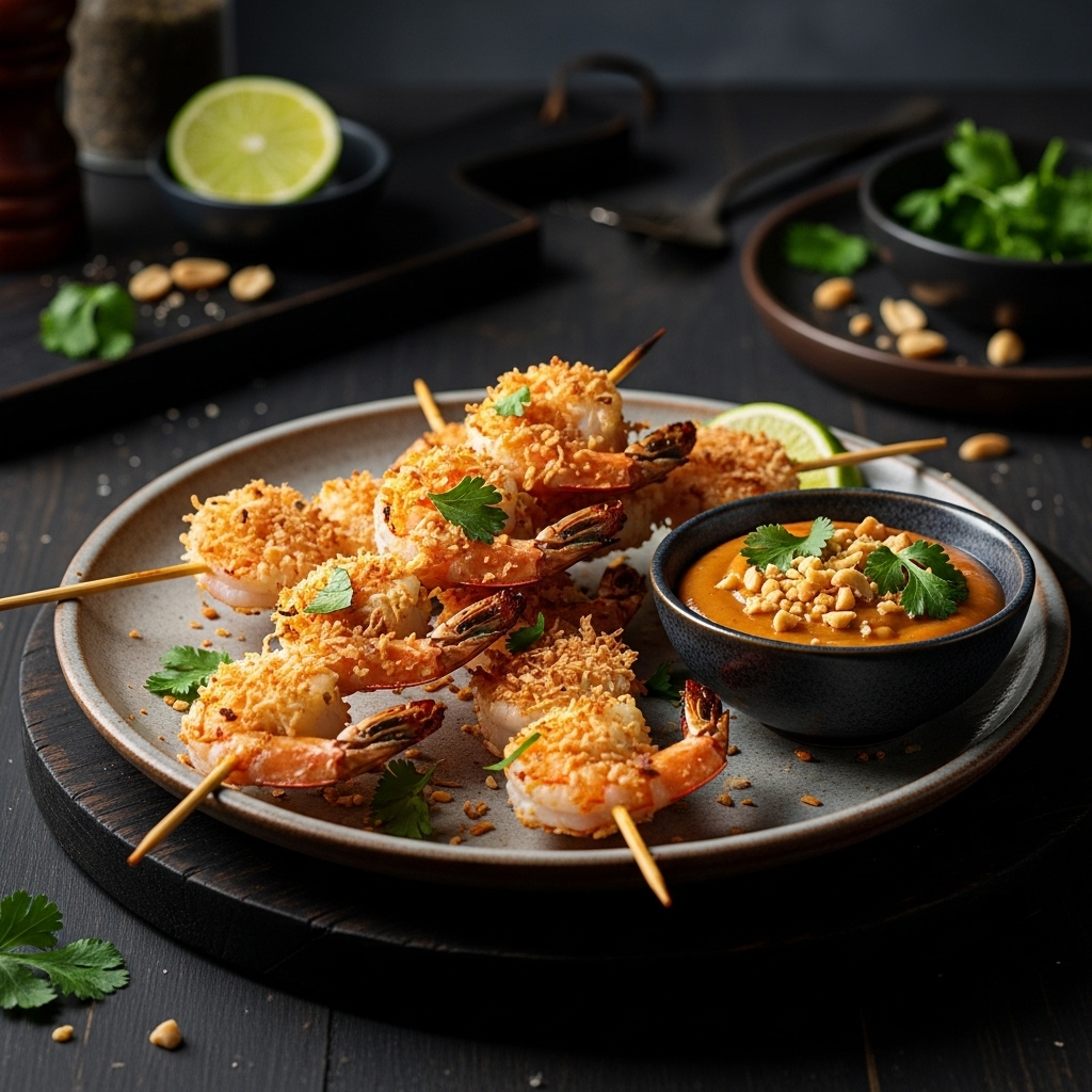 Indonesian Keto Coconut Shrimp Skewers with Spicy Peanut Dipping Sauce