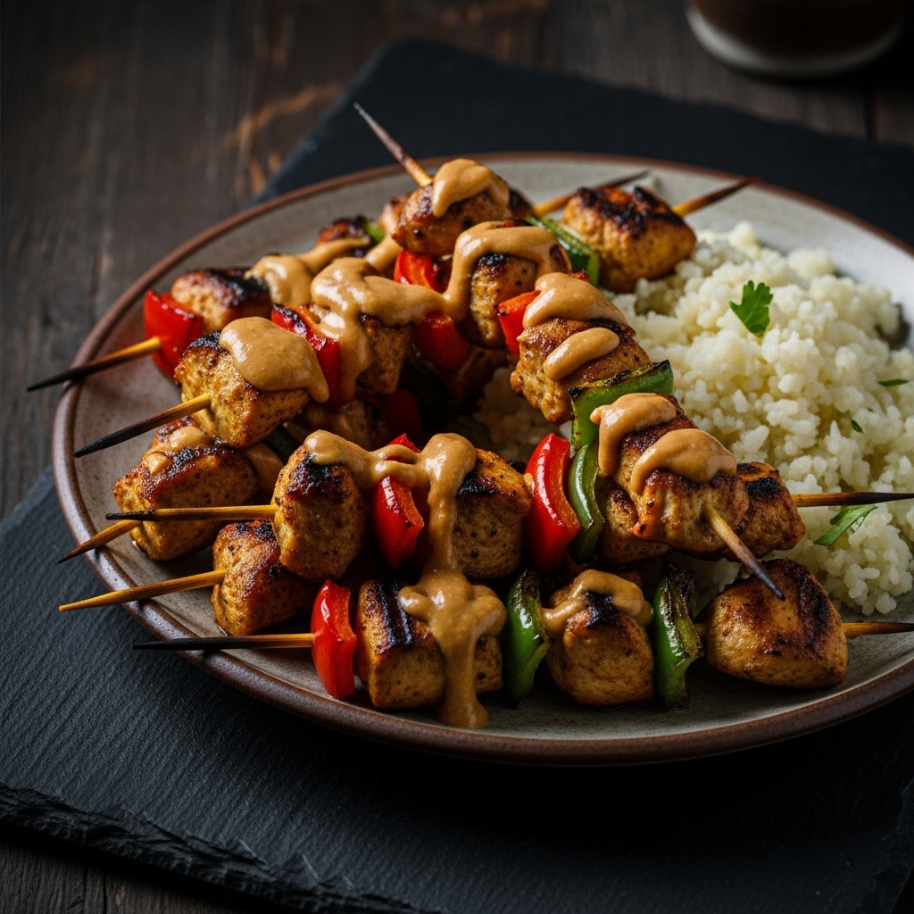 Indonesian Keto-Friendly Satay Chicken Skewers with Peanut Sauce & Cauliflower Rice