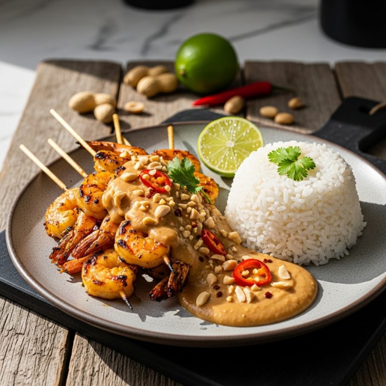 Indonesian Lunch: Flavorful Shrimp Satay with Creamy Peanut Sauce and Steamed Rice
