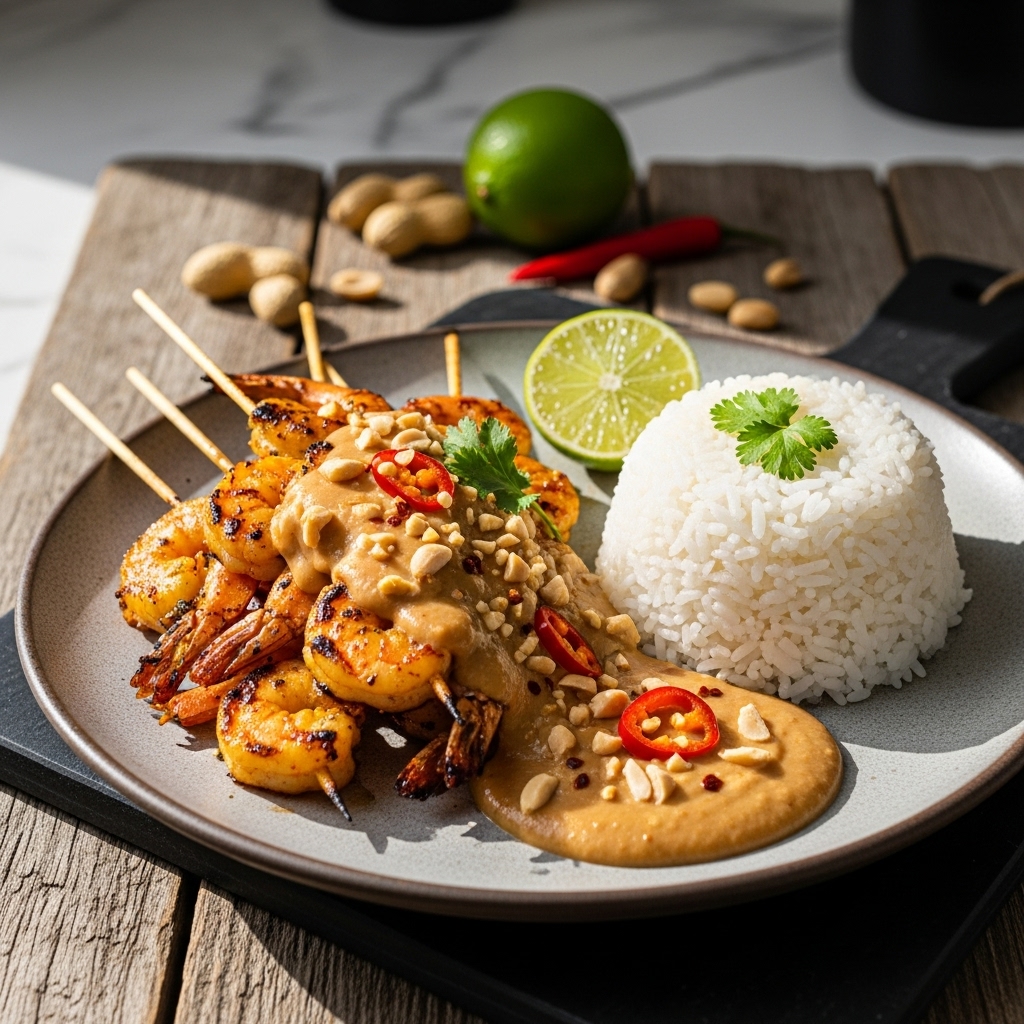 Indonesian Lunch: Flavorful Shrimp Satay with Creamy Peanut Sauce and Steamed Rice