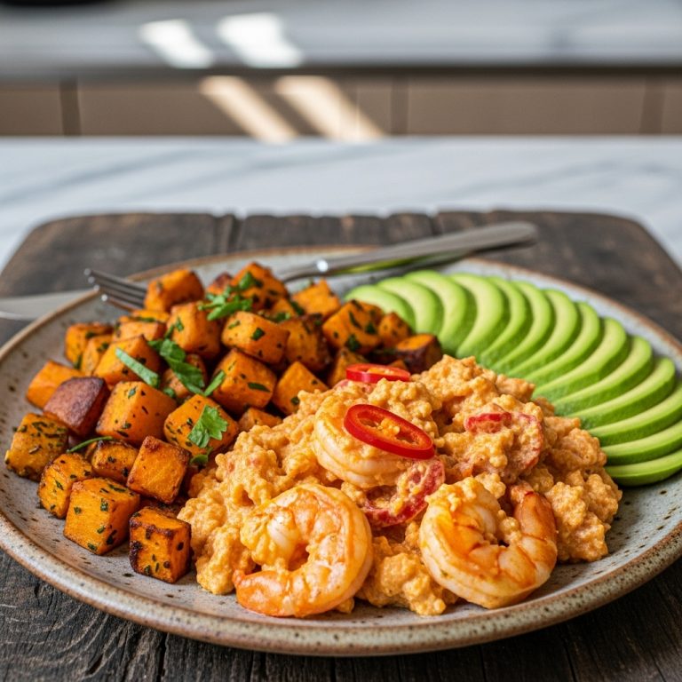 Delightful Indonesian Paleo Brunch: Spicy Shrimp & Coconut Fried Rice with Kaffir Lime Crushed Avocado