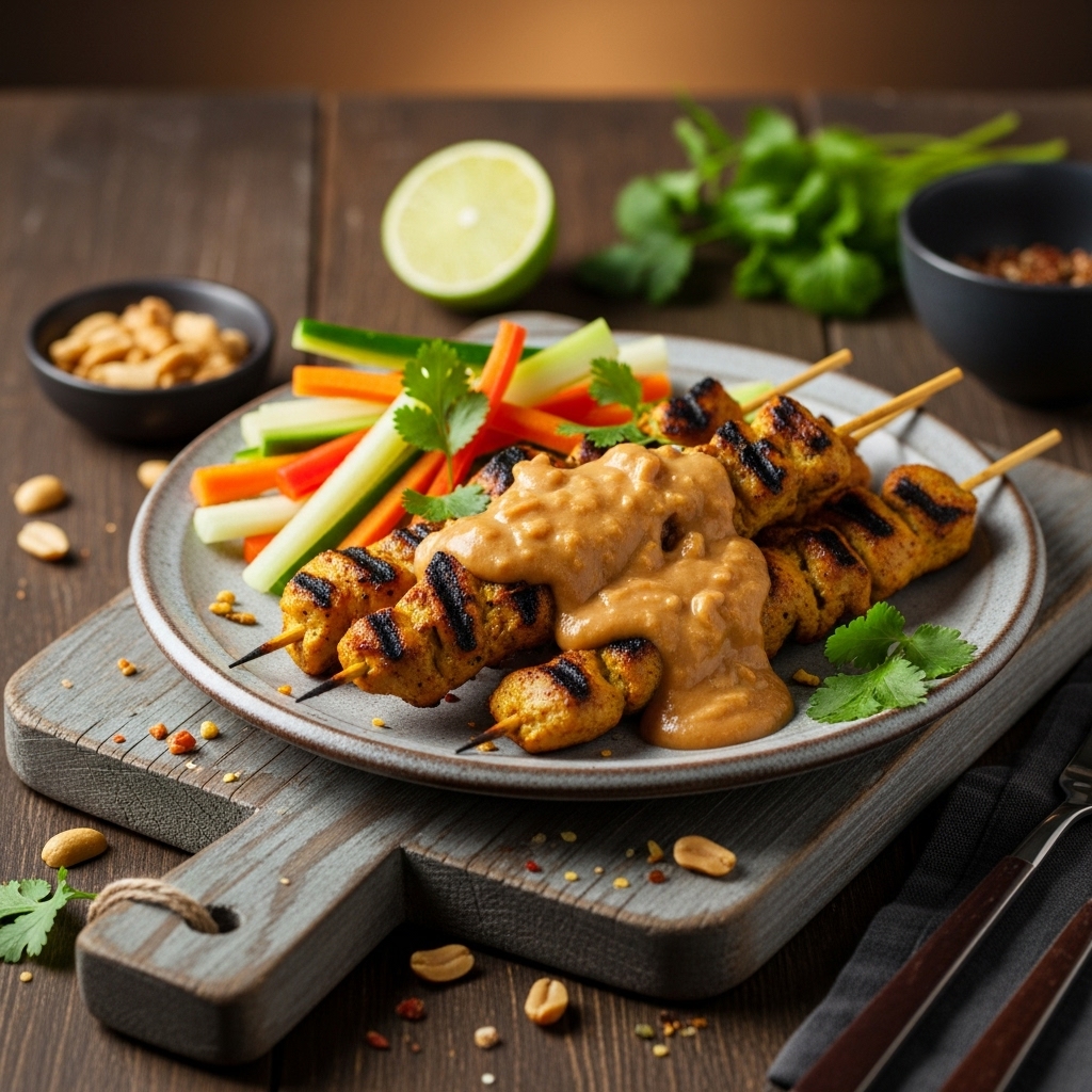 Indonesian Paleo Chicken Satay with Creamy Peanut Sauce and Crunchy Vegetable Sticks