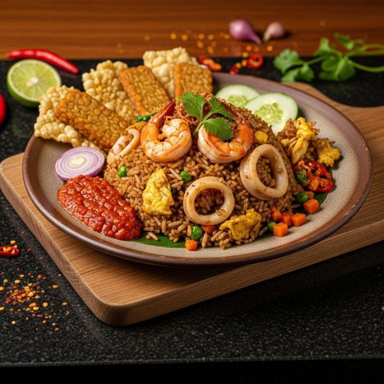 Indonesian Seafood Nasi Goreng with Crispy Tempeh and Sambal Matah – Aromatic and Savory Comfort Food