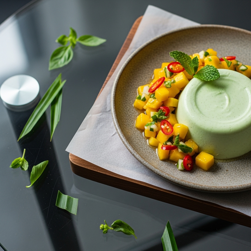 Indonesian Vegan Coconut Pandan Panna Cotta with Mango Salsa