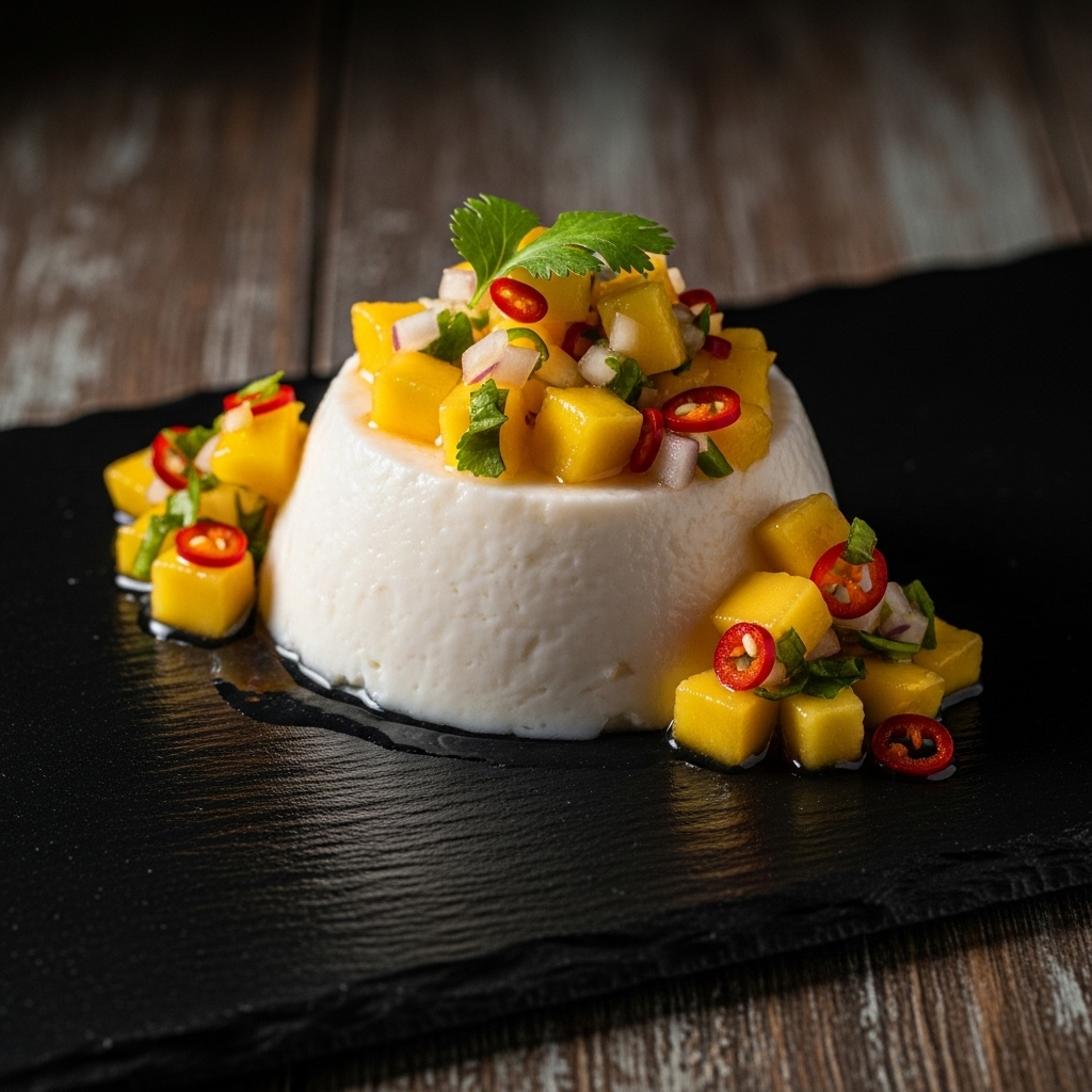 “Indonesian Vegan Coconut Pudding with Mango Salsa – A Heavenly Tropical Treat”